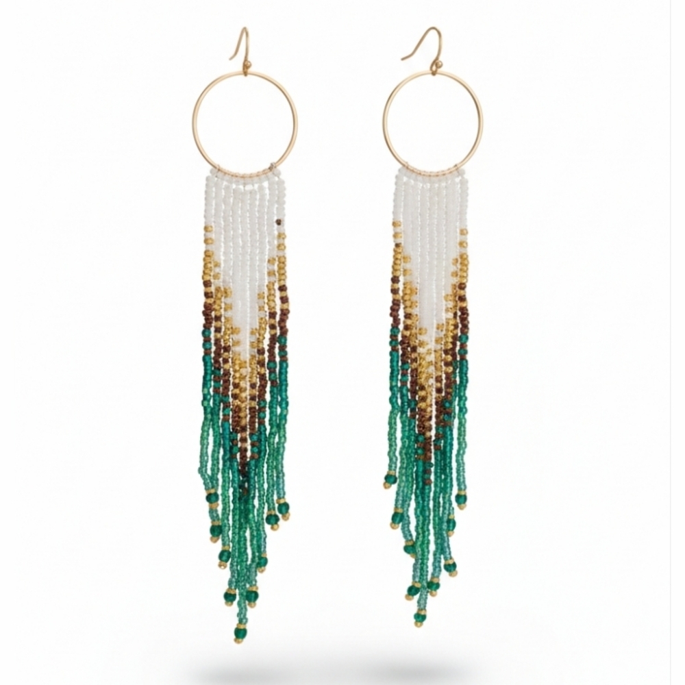 🆕️ Large Handcrafted Chic Beaded Hoop Earrings - Green, Gold, White